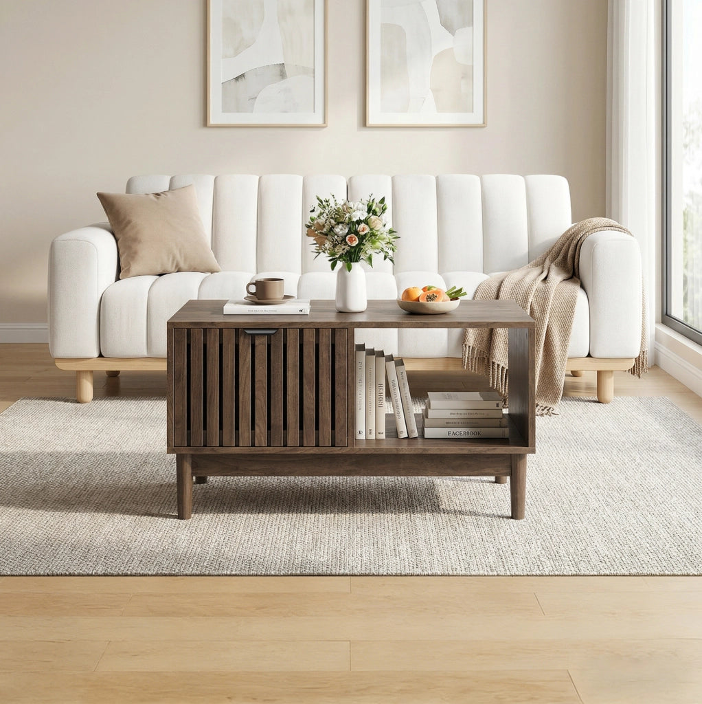 Tavolino da caffè moderno 80x50x45 cm in MDF colore noce; con vani contenitore