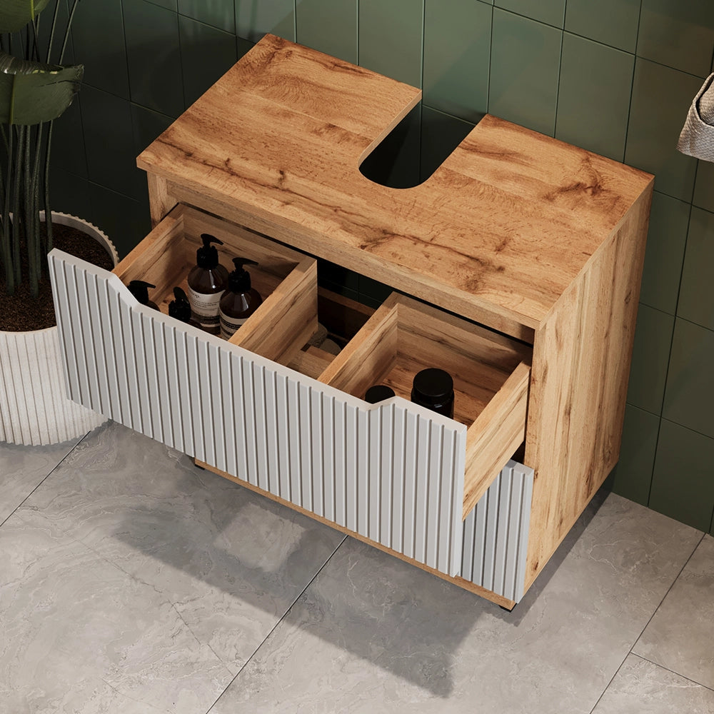 Vicco Set di mobili da bagno Rovere/grigio a righe 4 parti