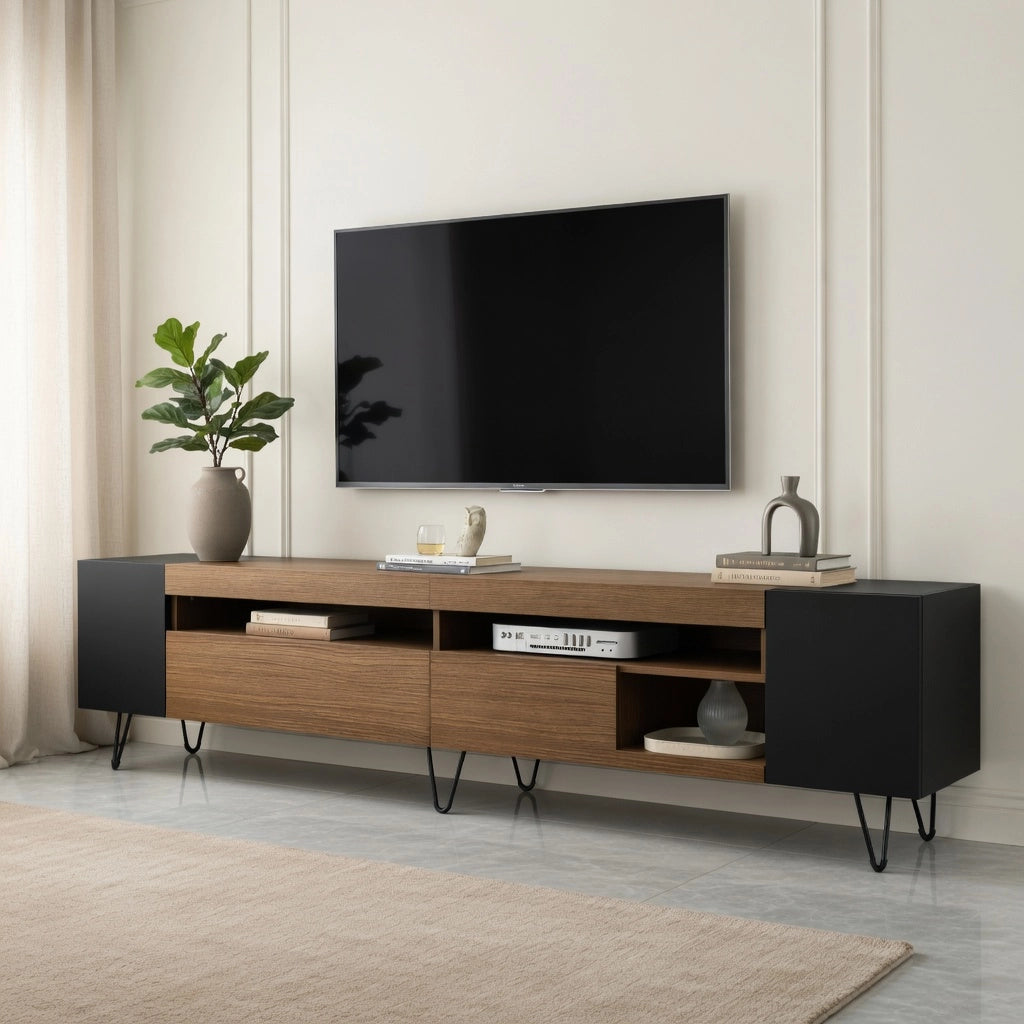 Cassettiera per TV nera e finitura legno lunghezza 180 cm in MDF e truciolare