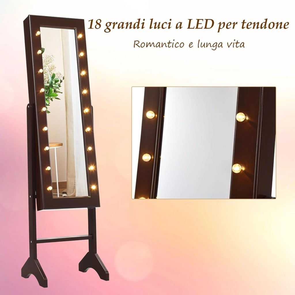 Portagioie Armadietto Specchiera con 18 Luci LED, Specchio a Figura Intera, Organizer per Gioielli Moderno Elegante, 145x35x31,5cm (Marrone)