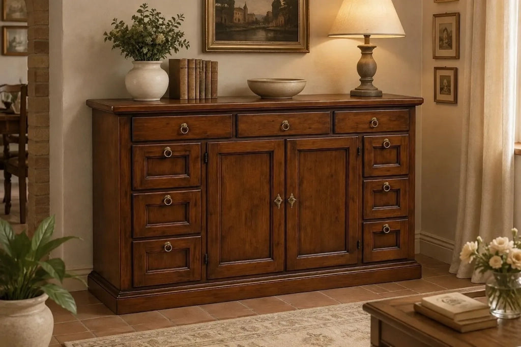 Madia credenza in legno massello tinta noce 2 ante 9 cassetti 160x45x95 cm - Mobili 2G