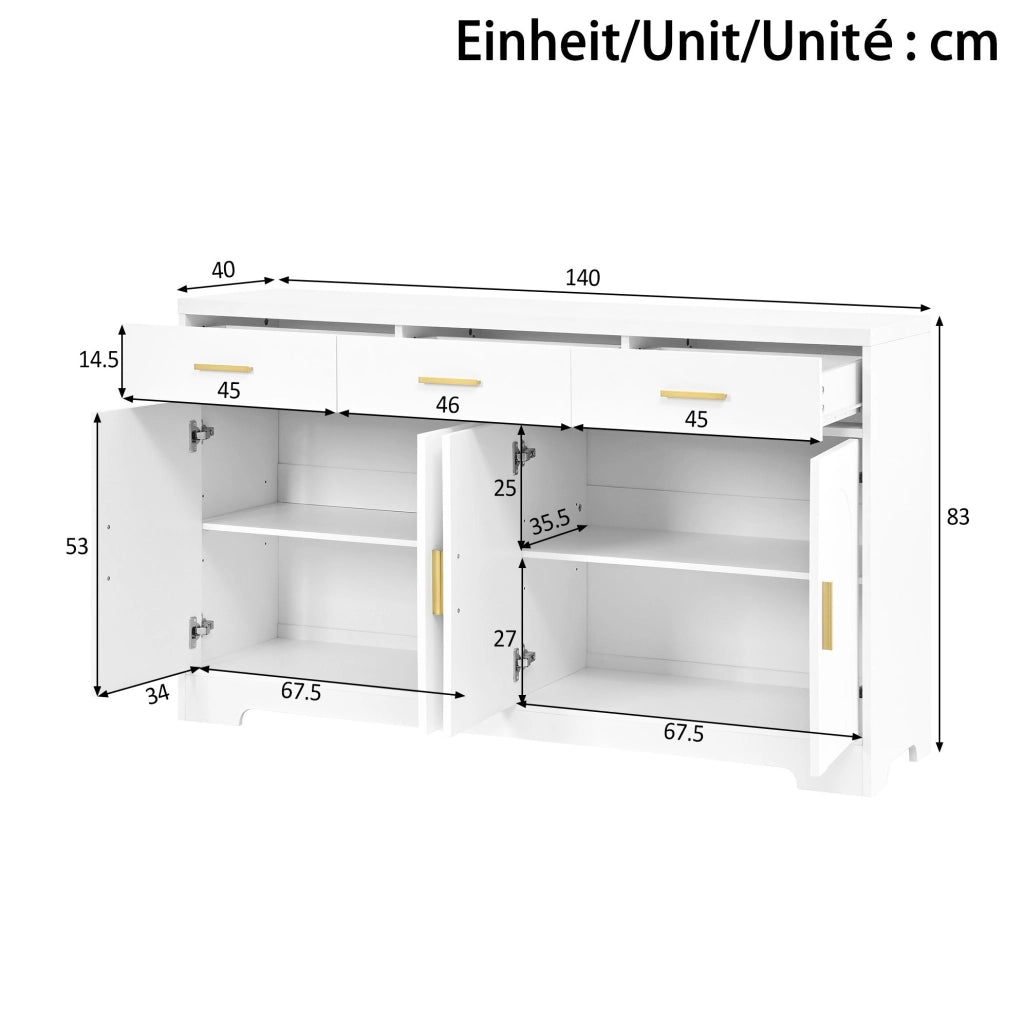 Credenza bianca 140 cm con 4 ante ad arco e 3 cassetti