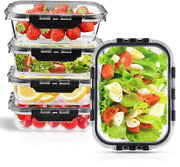 Set di 5 contenitori in vetro da 1040 ml per alimenti, contenitori di conservazione in vetro con coperchio, chiusura a click, contenitori in vetro con coperchio per microonde, congelatore, lavastoviglie, contenitori per la preparazione delle portate.