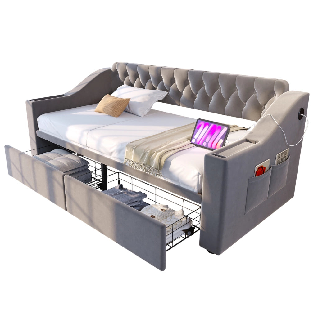 Divano letto imbottito 90 x 190 cm in velluto grigio chiaro con cassetti e ricarica USB