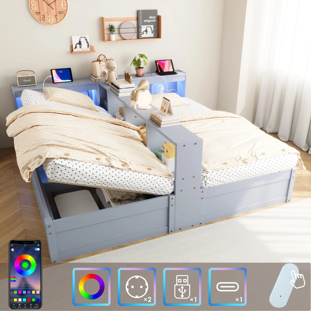Letto combinato 90/180 × 200 cm con prese, LED, contenitore idraulico, senza materasso, in MDF, grigio