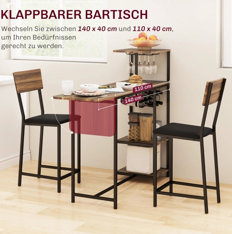 Set tavolo bar allungabile con 2 sgabelli, marrone