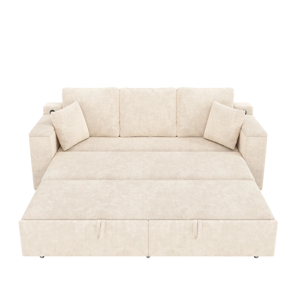 Divano letto 3 posti - con funzione letto; contenitore e porte USB e Type-C - in ciniglia beige