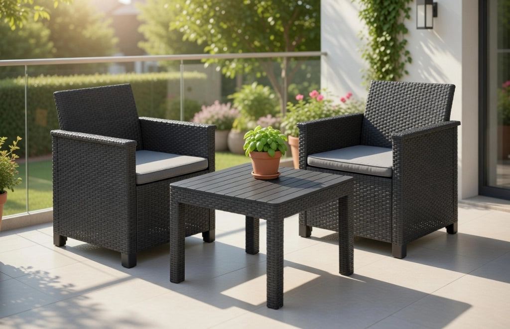 Set Tavolino e 2 Poltrone da Giardino Effetto Rattan Keter Emma Balcony Antracite