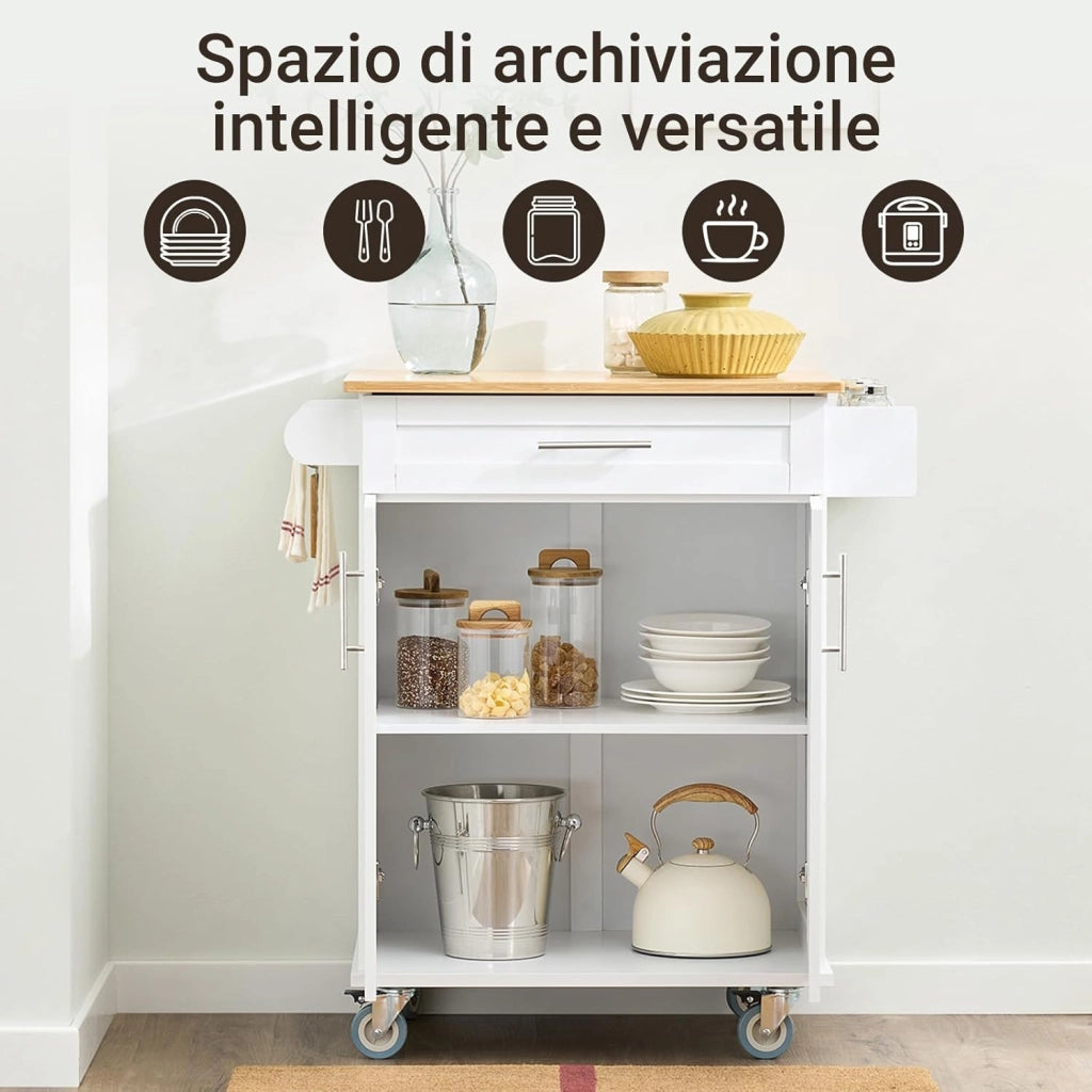 Carrello Cucina con Ruote – Mobile Cucina Salvaspazio con Piano in Bambù, Carrello Cucina con Cassetto e Armadietto, Credenza Cucina e Mobiletto Cucina per Soggiorno 84x44,5x91cm FKW13-II-WN