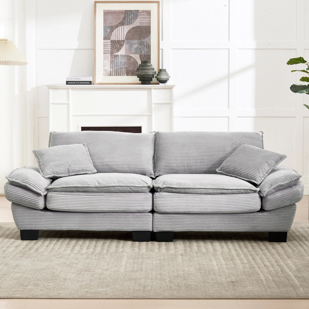 Divano 2 Posti con Seduta Extra Profonda, Braccioli Imbottiti e 2 Cuscini, in Velluto Grigio Chiaro 224 × 81 × 81 cm