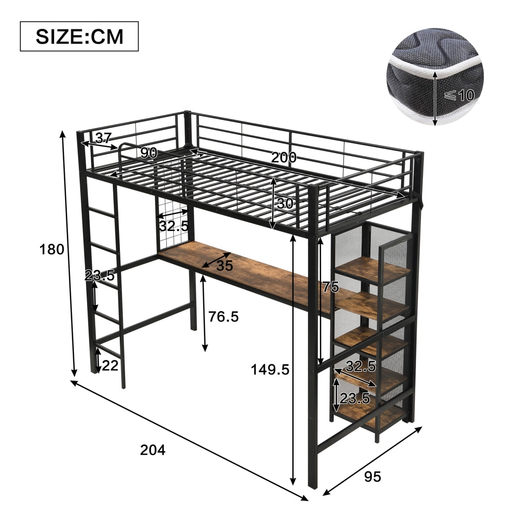 Letto a soppalco 90x200 cm con scrivania e vani portaoggetti in MDF e metallo nero e legno scuro