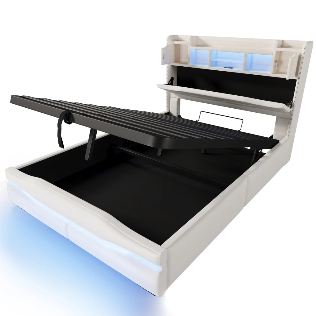 Letto imbottito ULEVR 140x200 cm con contenitore idraulico, LED, prese USB e Type-C, beige