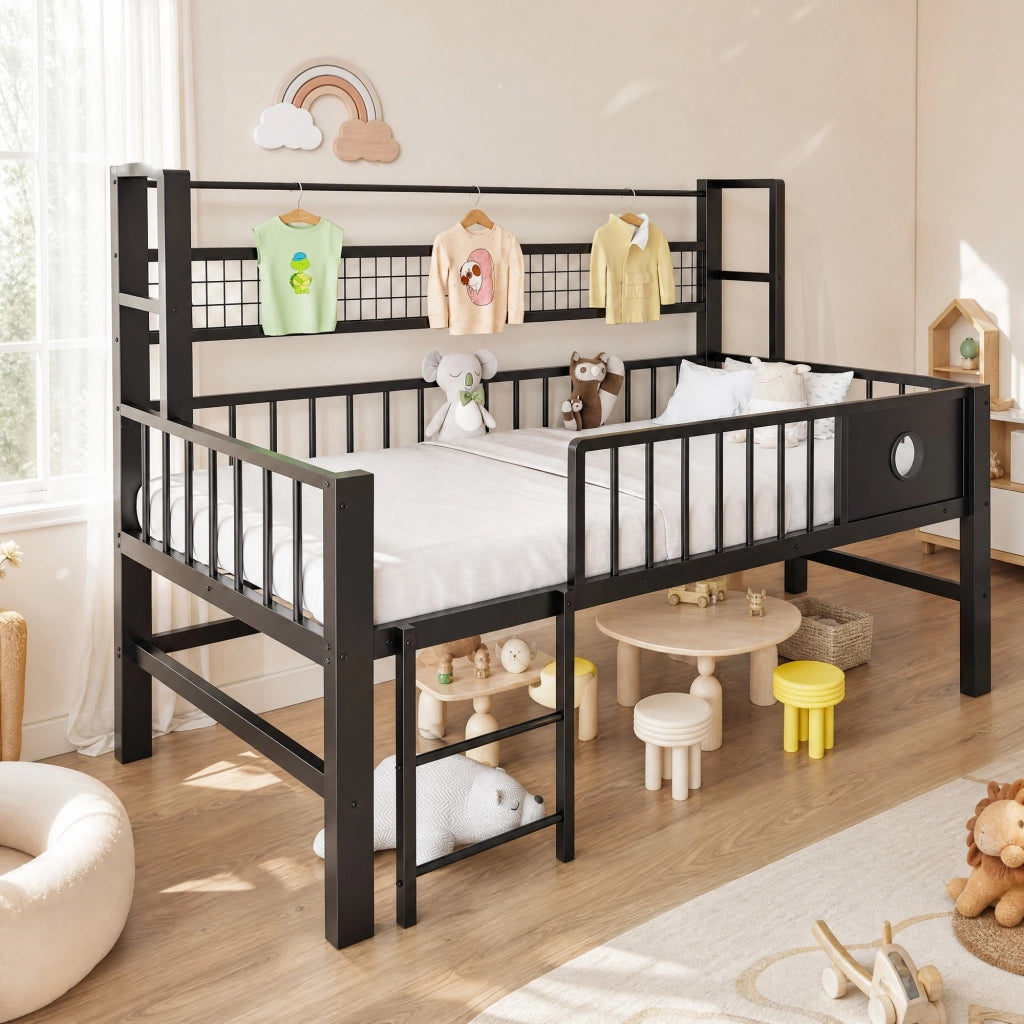 Letto a soppalco basso per bambini 90x200 cm in metallo nero