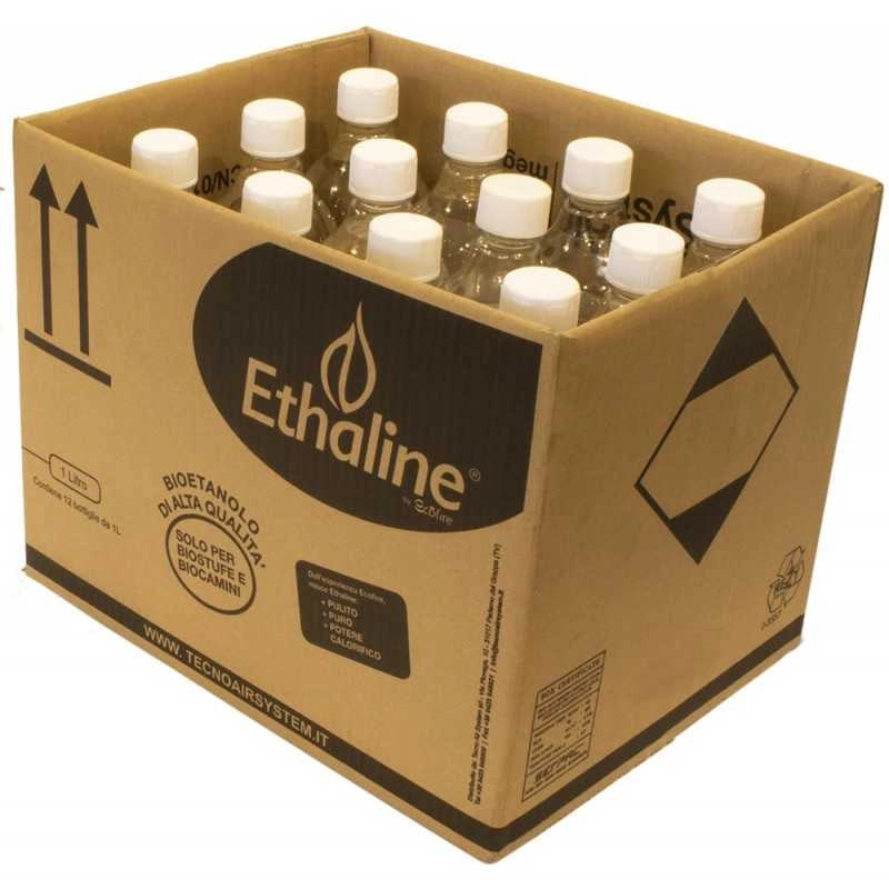 Bioetanolo liquido Ethaline Confezione 12 Flaconi da 1 L – purezza > 96 %, accensione rapida, zero fumo – Tecno Air System