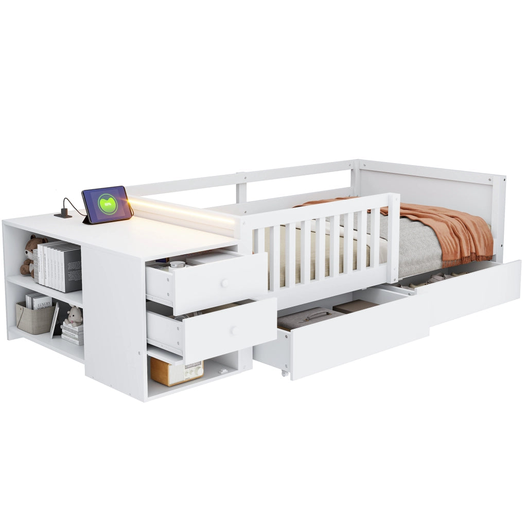 Letto per Bambini 90 x 200 cm; Letto Singolo - Contenitore; LED; Presa e Sponda - Bianco