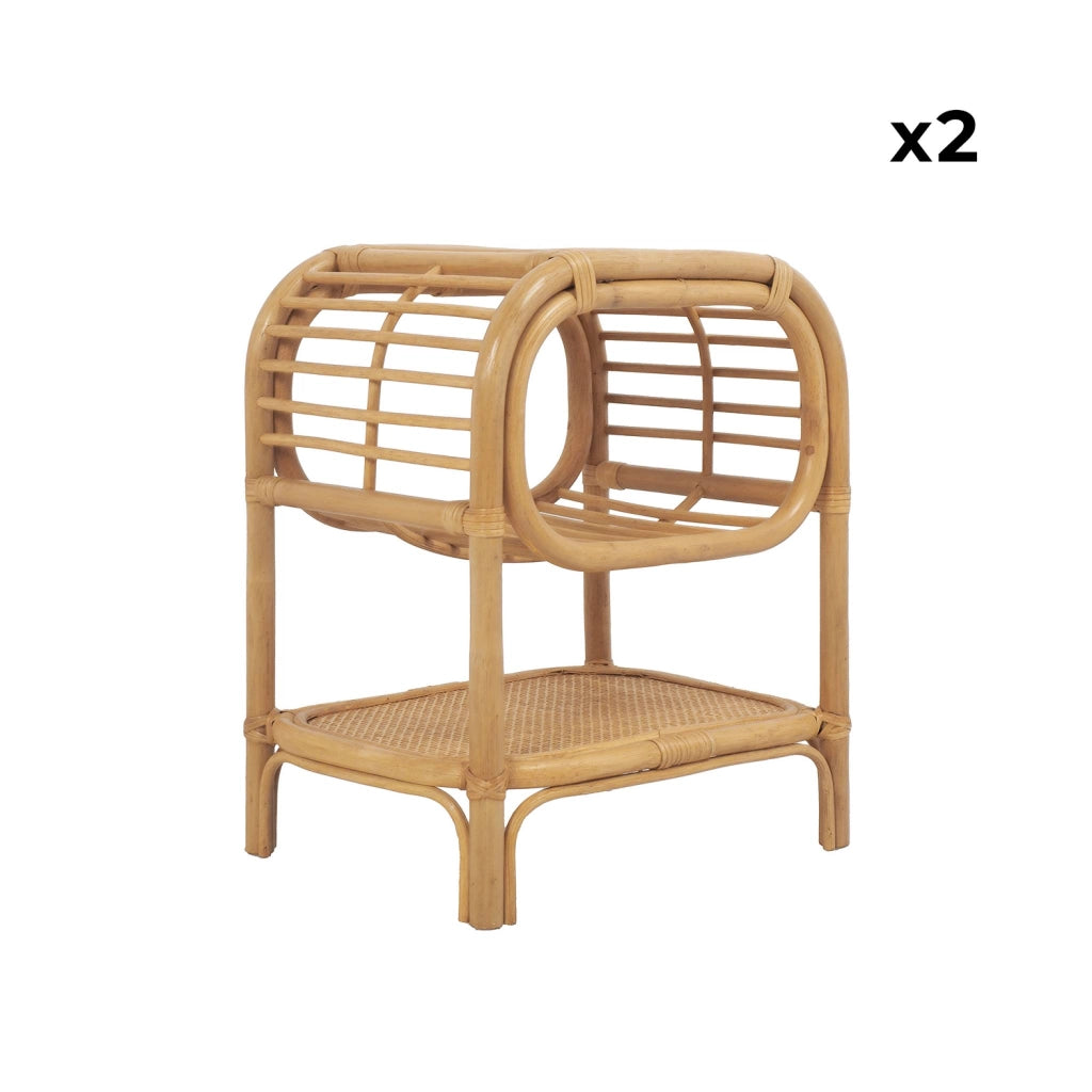 Set di 2 comodini in rattan naturale curvato, 1 vano, marrone naturale
