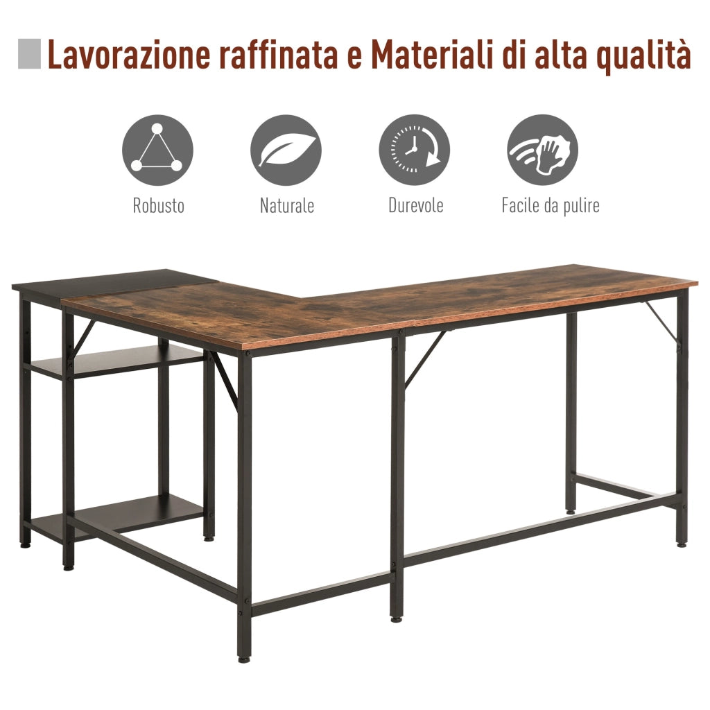 EasyComfort Scrivania Angolare in Stile Industriale con Ripiano Laterale, in Legno e Metallo Nero, 150x120x75cm