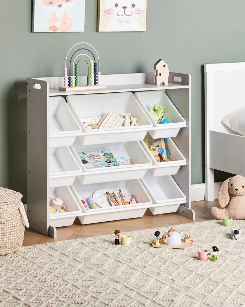Scaffale con 9 contenitori Cassetti Grigio e Bianco MDF Plastica Unico Camera dei bambini Storage Design Moderno