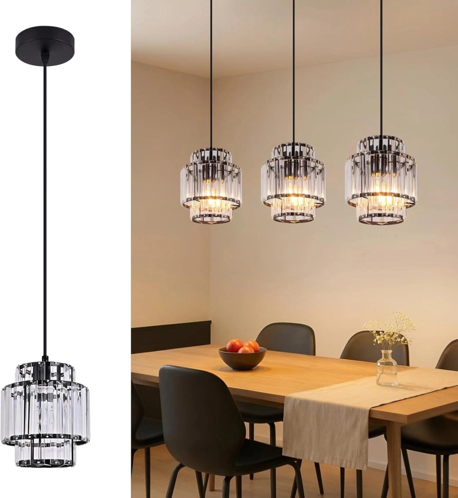 ZMH Lampada a Sospensione 1 Luce E27 Nera Pendente in Cristallo Vintage Regolabile Per Soggiorno Lampadina Non Inclusa