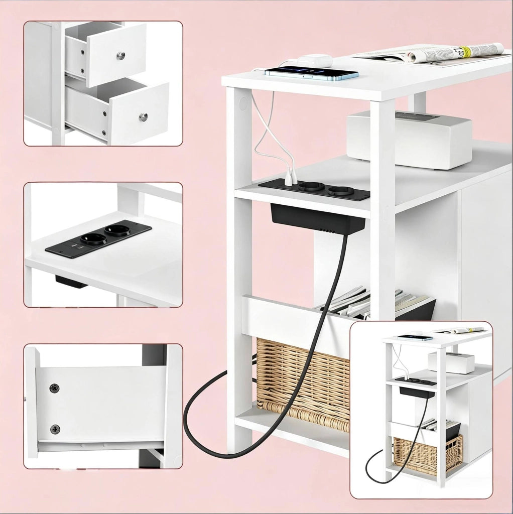 Tavolino laterale 60x60x30 cm con 2 prese AC e 2 porte USB bianco