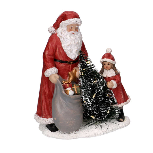 Statua resina babbo natale con bambina rosso con led cm 15x11xh18,5