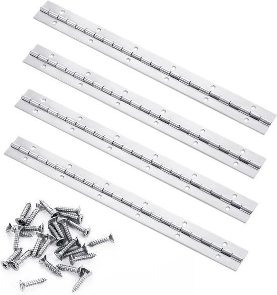 Banda pianistico in acciaio inossidabile 30 cm - 4 pezzi, completo con viti - Per porte di armadi e pianoforti - Materiale duraturo - Banda di cardine per pianoforti - Cardine per movimento liscio (300 × 30 × 06 mm)