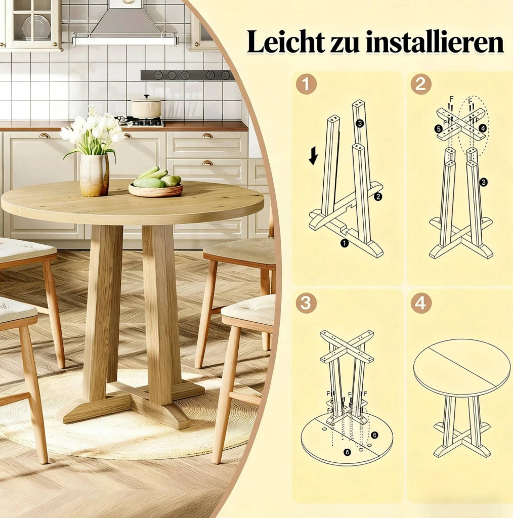 Tavolo da pranzo rotondo in legno 80 cm per 2-4 persone, design rustico ed elegante
