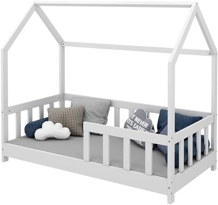 Letto montessori bambini Michelle, Bianco, 70x140 cm con protezione anticaduta, adatto per materassi 70x140 cm, combinabile con accessori