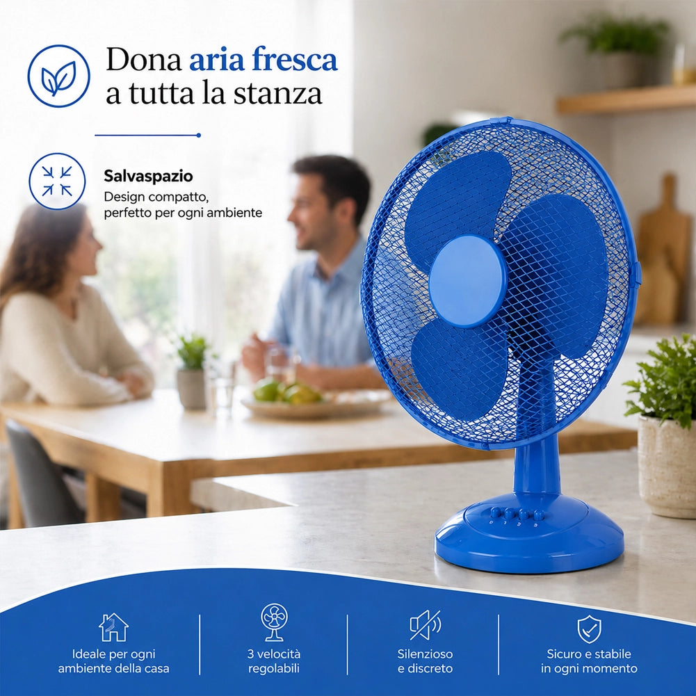 Ventilatore da Tavolo Autoportante Blu Potenza 45W Diametro 40cm 3 Velocità