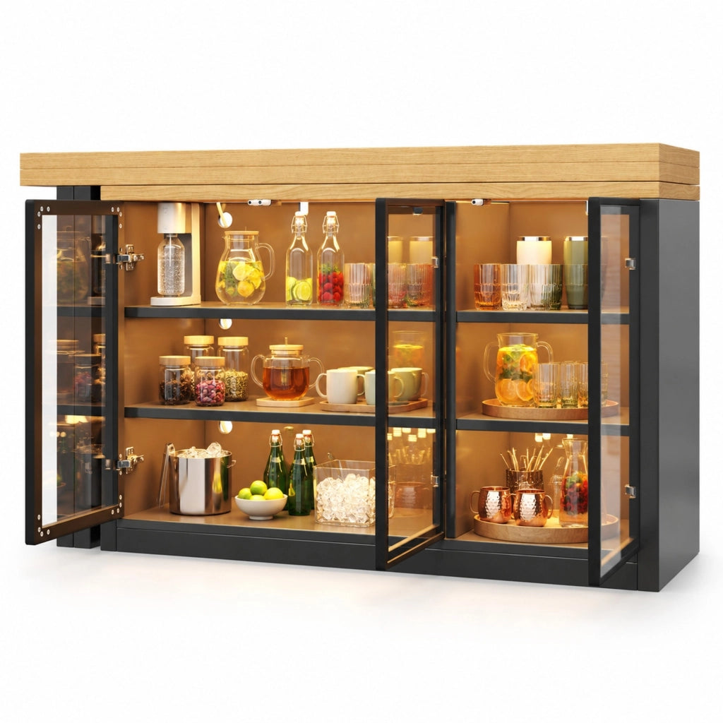 Tavolo da pranzo estensibile 120-197 cm nero MDF e vetro; mobile laterale