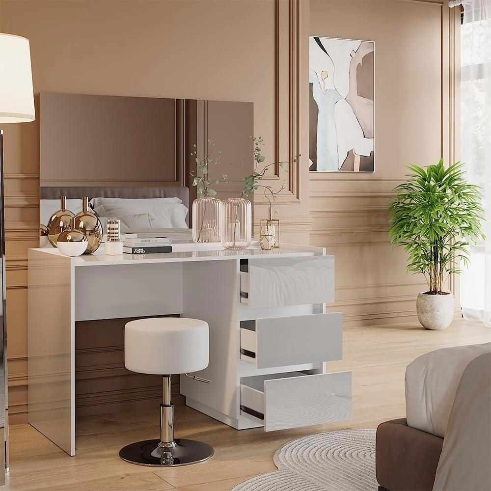 Tavolo da toilette Marla, Bianco lucido, 120 cm con specchio a LED, Ampia superficie del tavolo per trucco, gioielli e accessori per lo styling