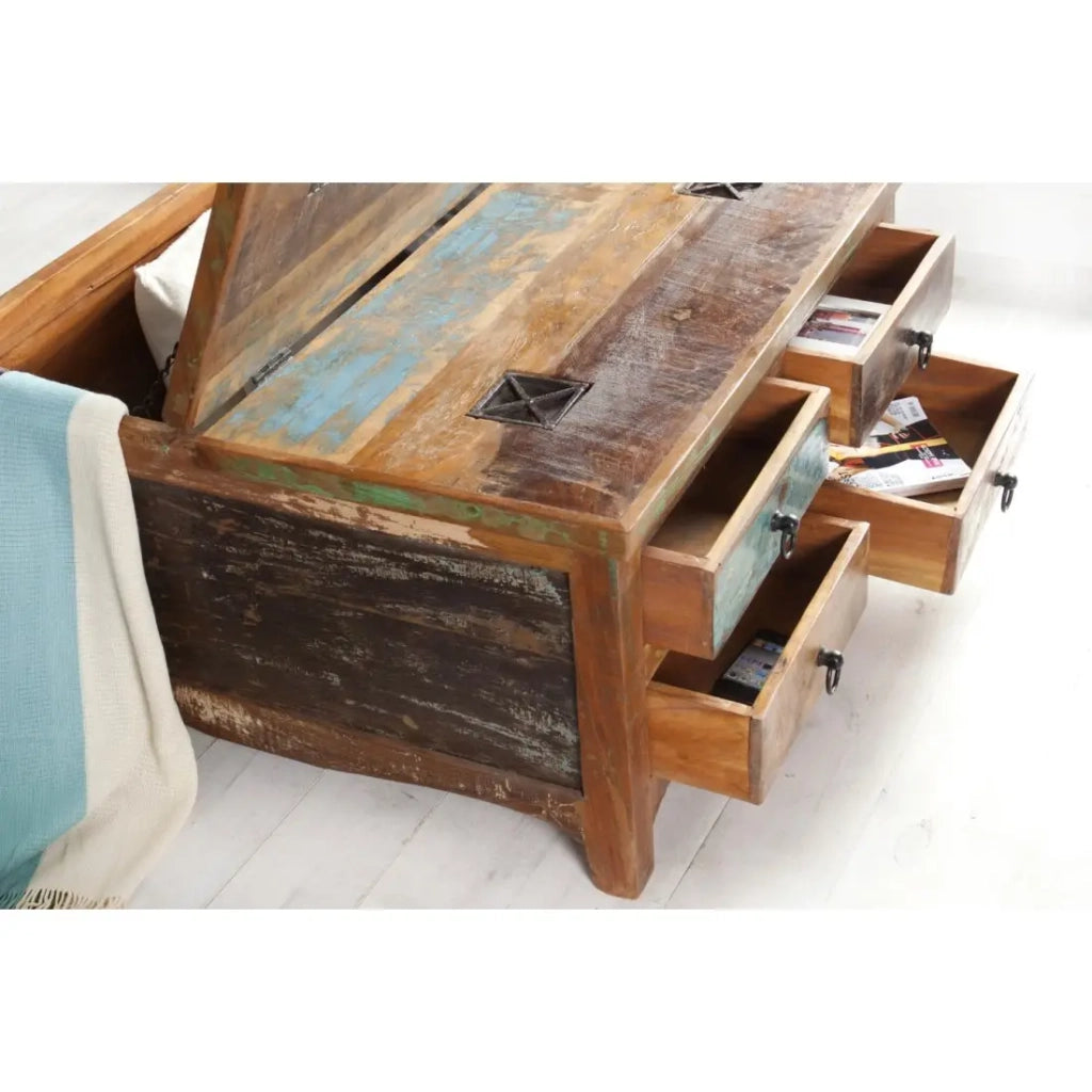 Tavolino basso PATCHWOOD quadrato 70 cm in legno riciclato multicolore con cassetti e baule