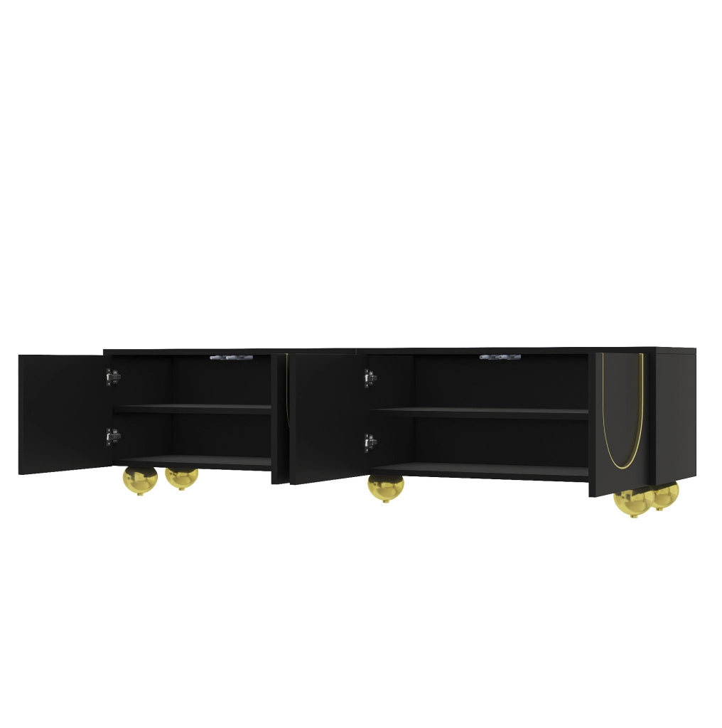 Mobile TV ULEVR 170x38x44 cm con 4 ante push-to-open e ripiani, nero e oro