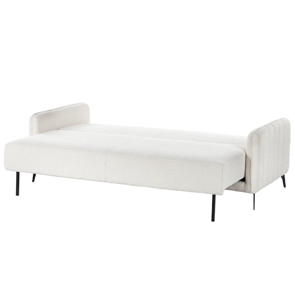 Divano letto in tessuto bianco Boucle imbottito 3 posti letto estraibile Gambe in metallo Funzione letto minimalista