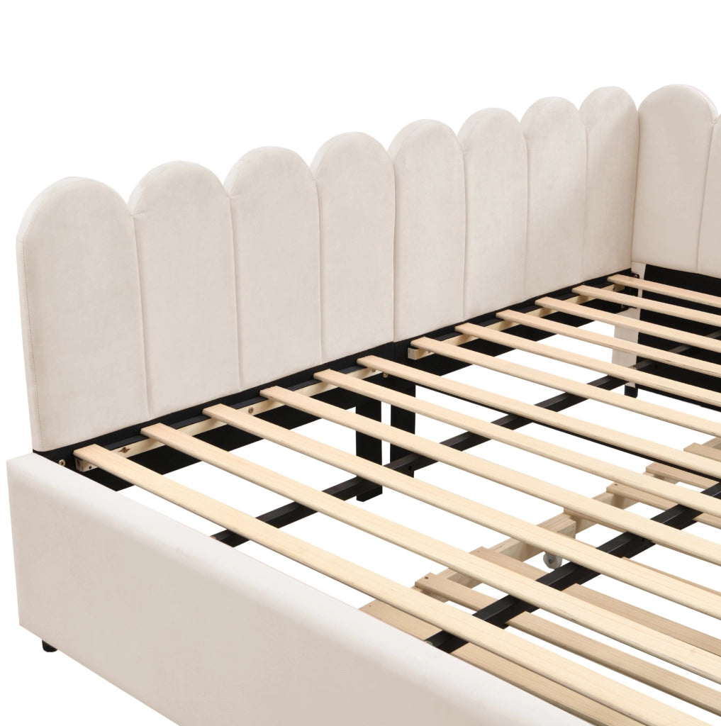 Divano letto angolare 140x200 cm beige in velluto con letto estraibile