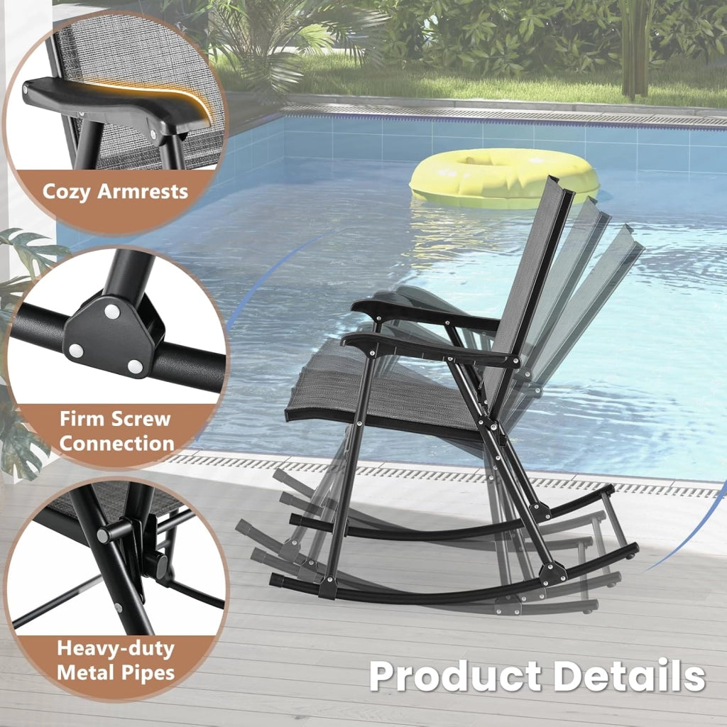 Set di 2 Sedie a Dondolo Pieghevoli, Sedie da Giardino con Braccioli, Sedie da Terrazza in Tessuto Textilene, Sdraio a Dondolo da Balcone Portato 150 kg, Sedie da Pranzo per Patio, Spiaggia