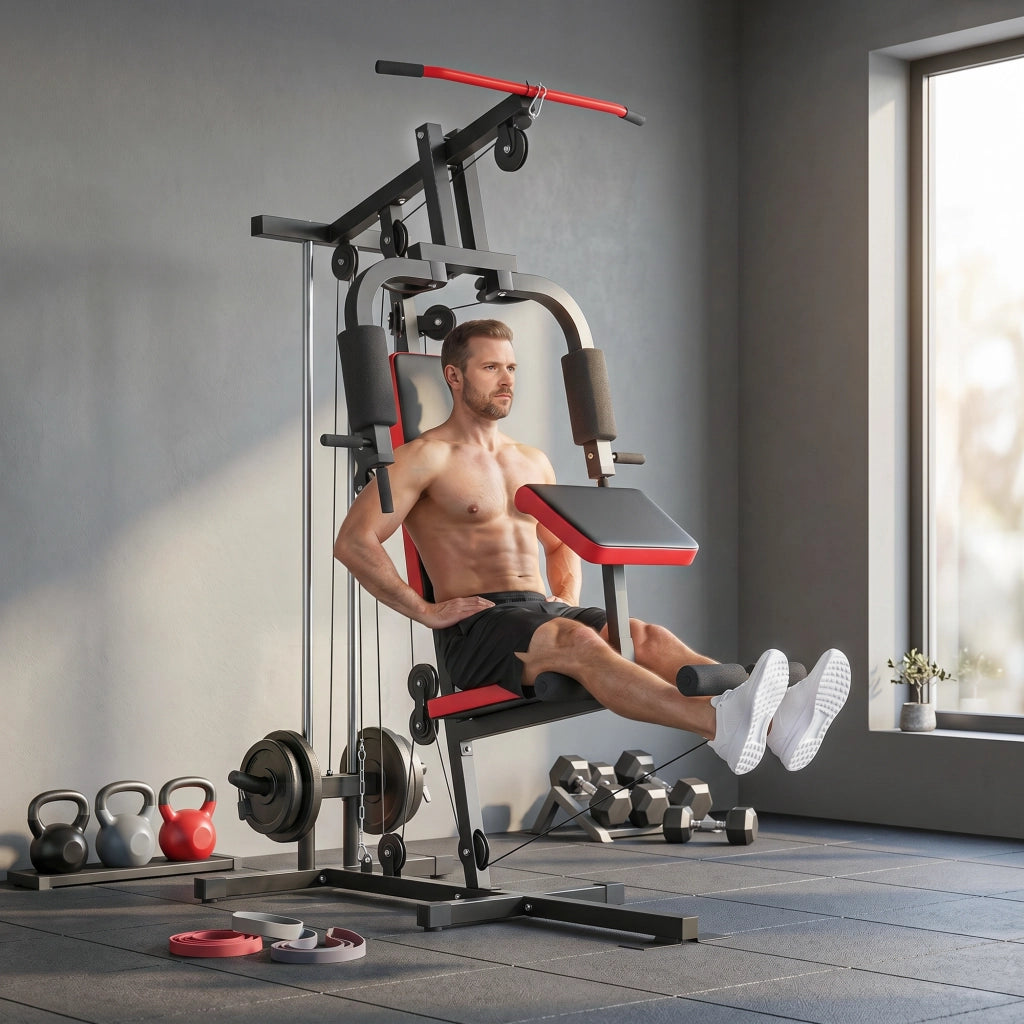 Stazione Multifunzione per Allenamento con Pesi Liberi e Panca Regolabile ¨C Xylo ¨C 136x107x205cm Nero Rosso