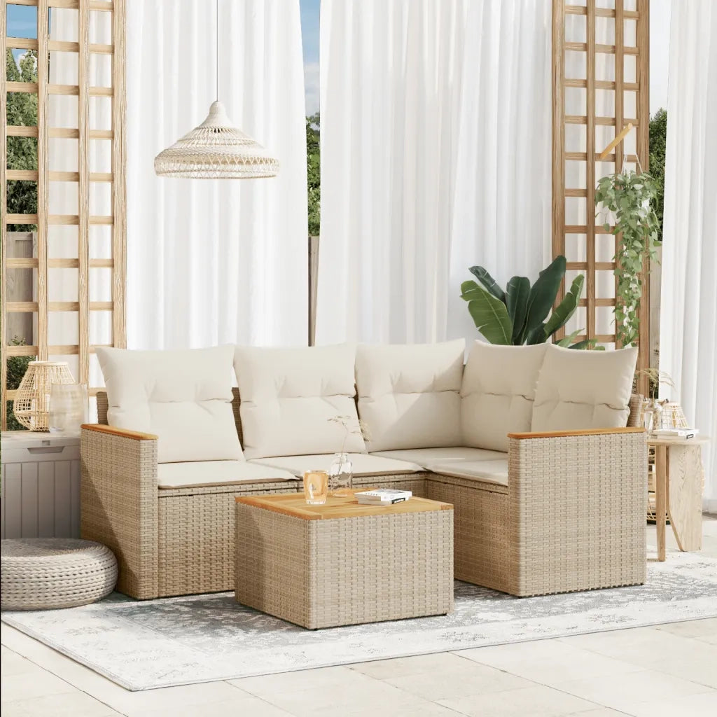 Set Divano da Giardino 5 pz con Cuscini Beige in Polyrattan