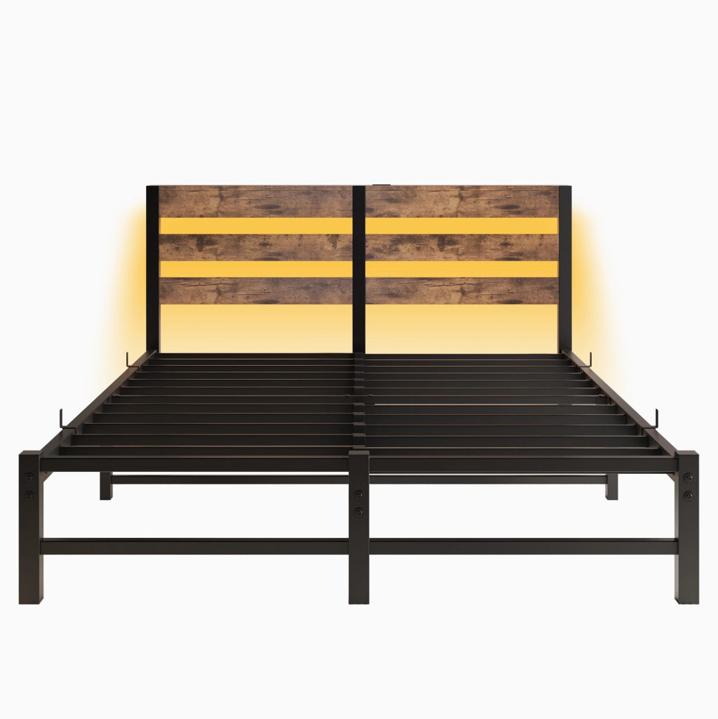 LETTO 140x200 cm in metallo e legno, LED RGB, 2 USB, nero e marrone