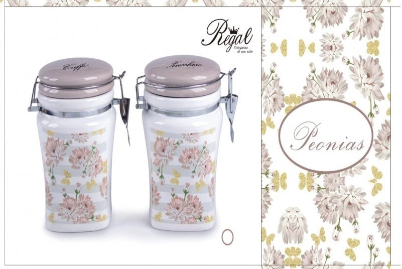 Set 2 Bis Barattoli da Cucina in Ceramica Sale Fino e Sale Grosso Decoro Peonias