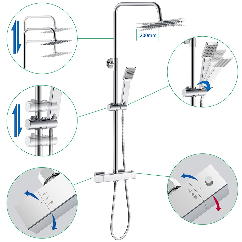 Colonna doccia multifunzioni, set doccia completo di soffione, doccetta e miscelatore termostatico regolabile, cromato