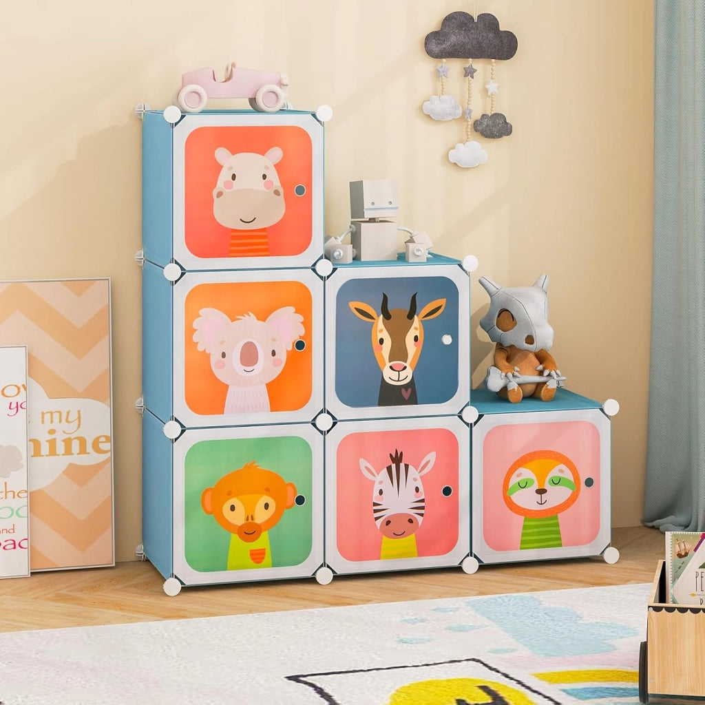 Guardaroba Portatile per Bambini, Armadio Guardaroba Modulare per Bambini con 8 Cubi, per Soggiorno, Camera da Letto, 75 x 35 x 145 cm (Blu)