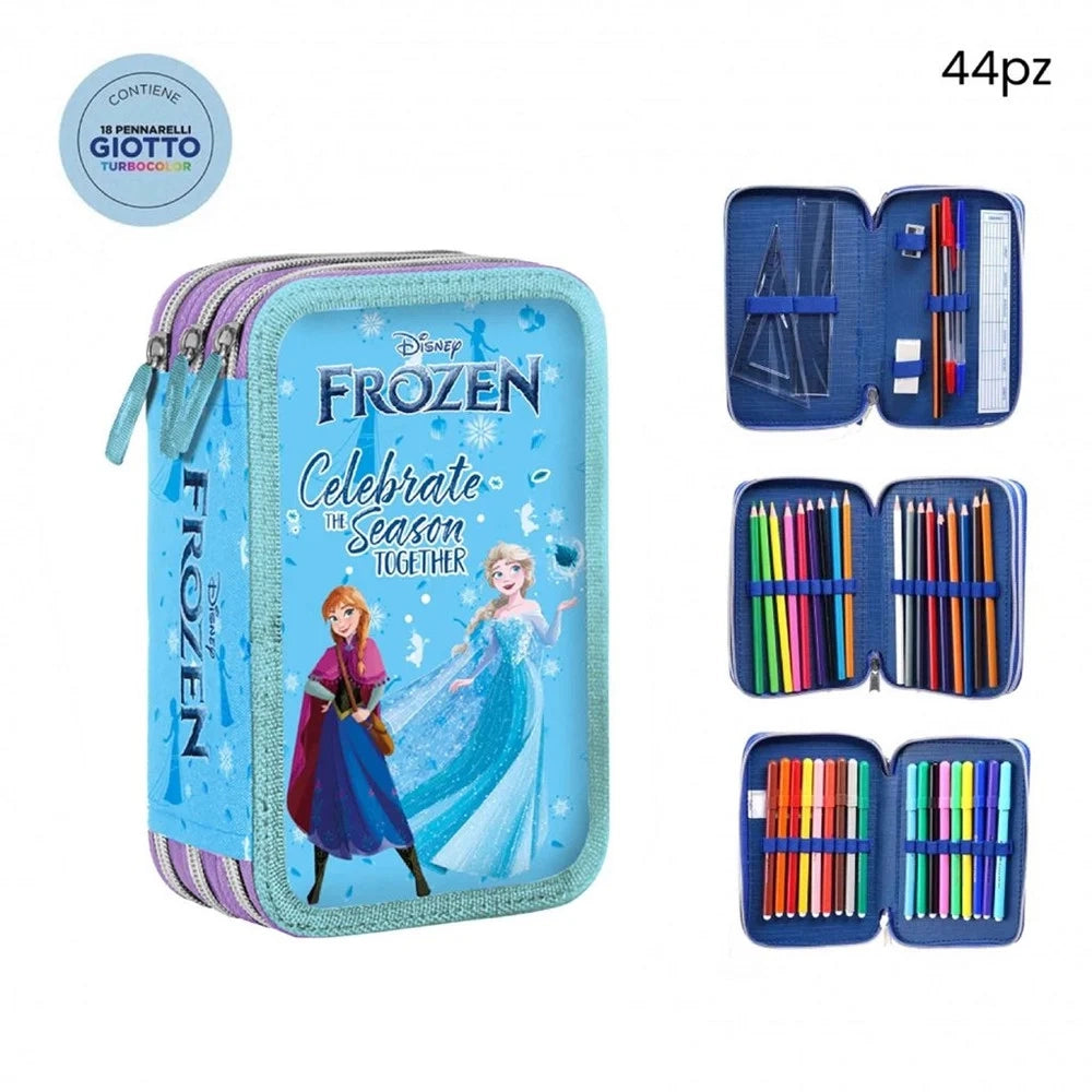Trade Shop - Astuccio Completo 44pz A 3 Zip Cerniere Con Pennarelli Giotto Grafica Frozen Scuola 969613 -