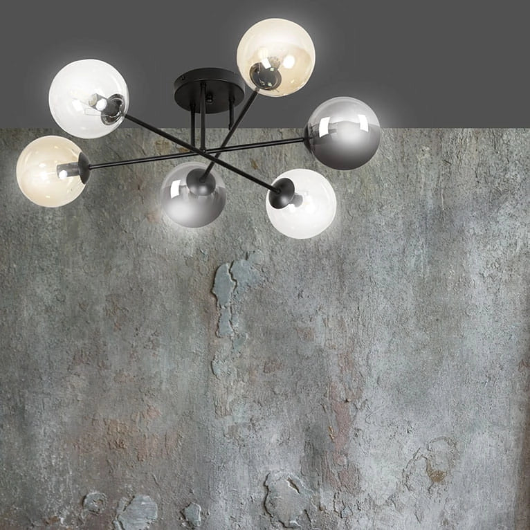 Emibig BRENDI plafoniera 6 luci E14 nera vetro mix