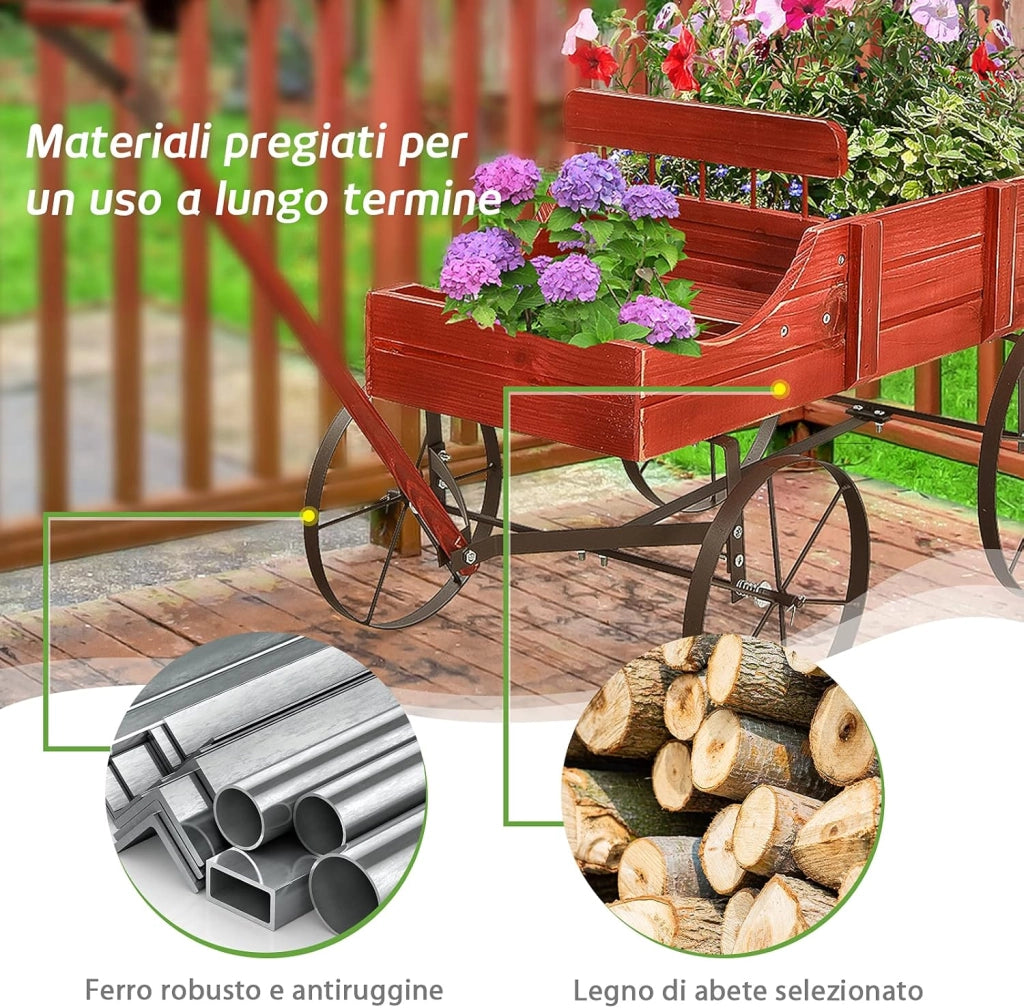 Carrettino di Legno Fioriera, Fioriera Decorativa con Ruote e 2 Sezioni per Piante, Porta Piante da Esterno per Giardino Cortile (rosso)