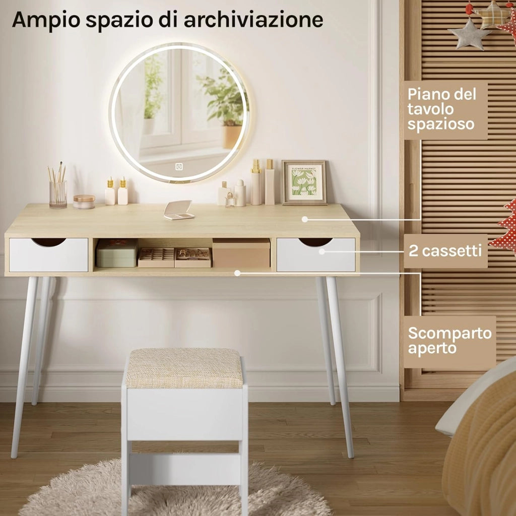 Scrivania Bianca con 2 Cassetti e Ripiano - 120x58x75cm Tavolo Quercia PC per Soggiorno - Telaio Metallo