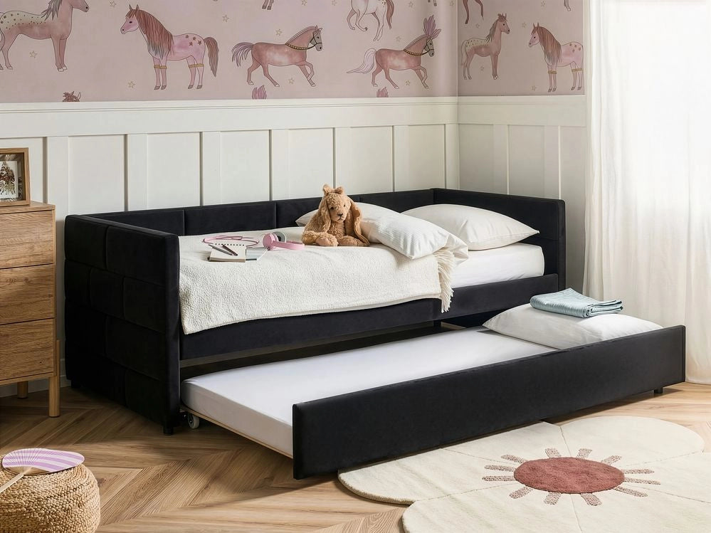 Letto singolo con secondo letto a scomparsa in velluto nero 90 x 200 cm camera da letto cameretta