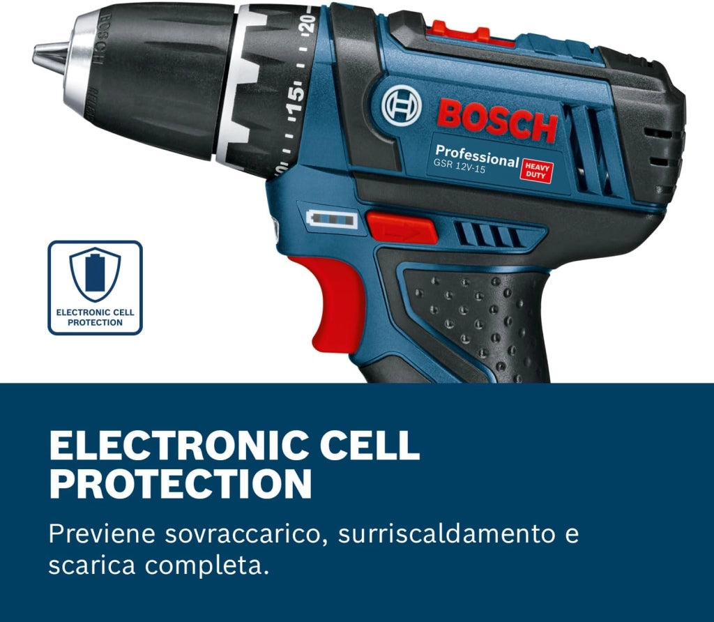 Bosch Professional GSR 12V-15 Trapano avvitatore a batteria 10.8 V (1 x 2Ah, 1 x 4Ah) + accessori