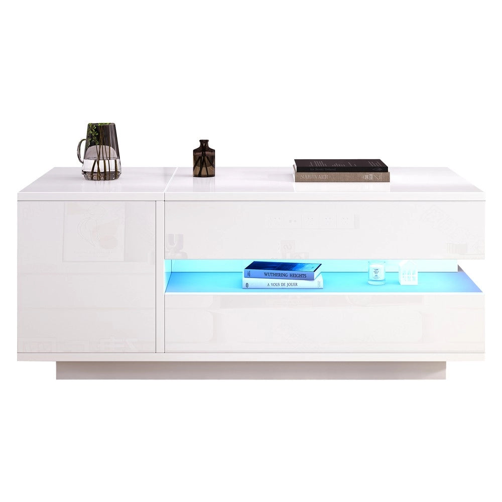 Tavolino da Caff¨¨ con LED e Cassetto ¨C MINIMAL ¨C Bianco Lucido, 95x50x34.5