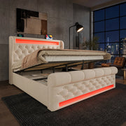 Letto matrimoniale imbottito 140x200 cm in velluto beige con LED; contenitore e USB
